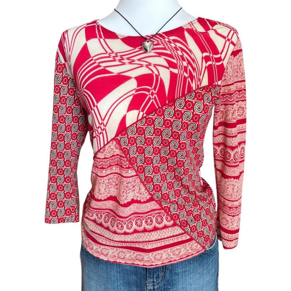 Y2k Euro Style Red Patchwork Patterned Top - image 1